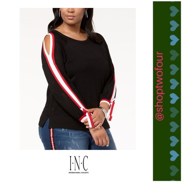 INC International Concepts Tops - I.N.C. Plus Size Stripe-Trim Cold-Shoulder Top NWT